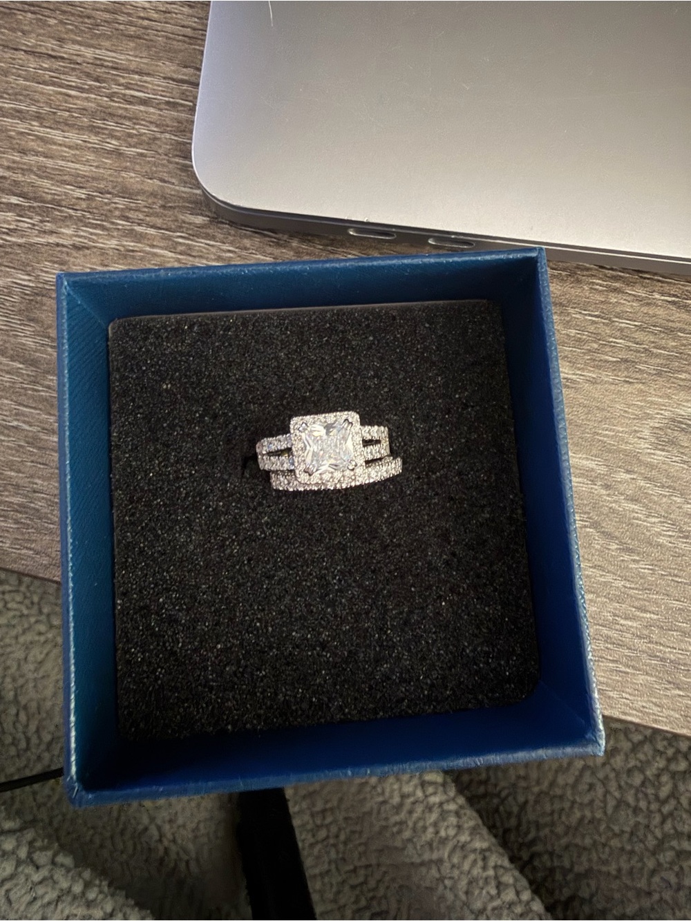 Silver Tone Cubic Zirconia Halo Engagement Ring Set - Size 5